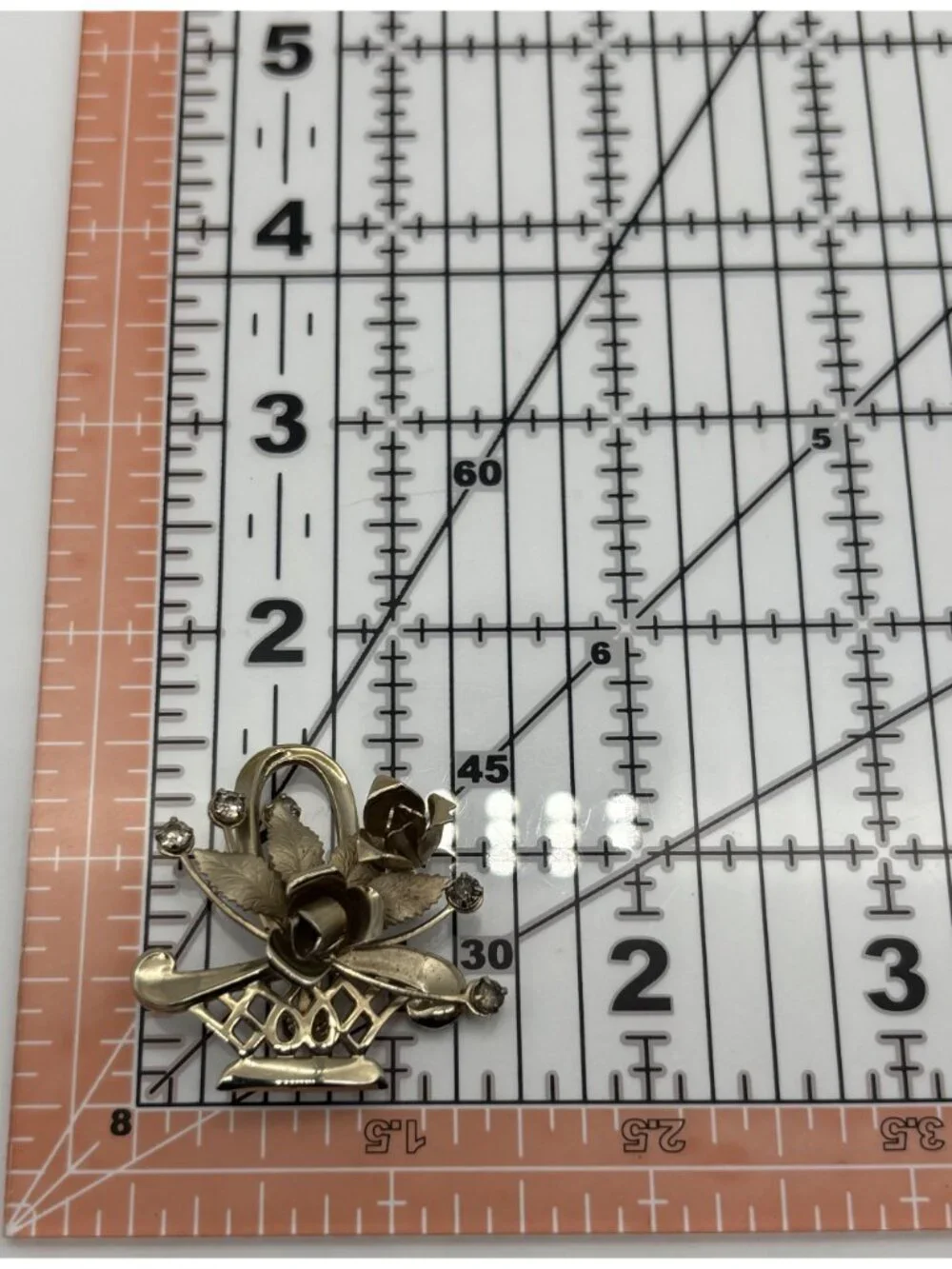 Vintage Basket of Roses Brooch Pin Polished Etched Gold Tone Rhinestone Unsigned